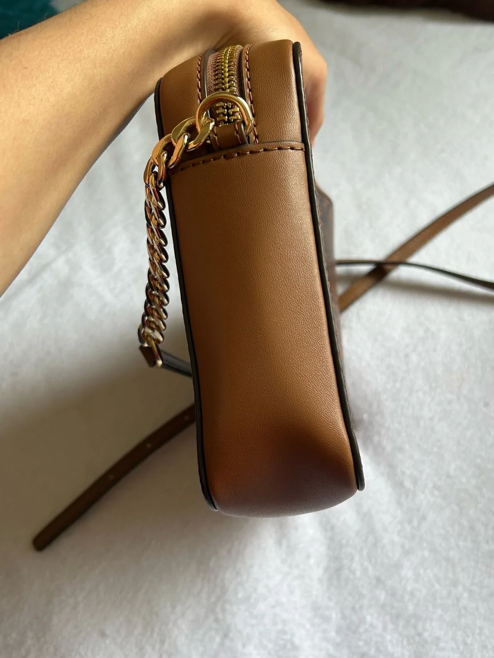Michael Kors Tan Brown Snake-Print Crossbody with Gold Chain